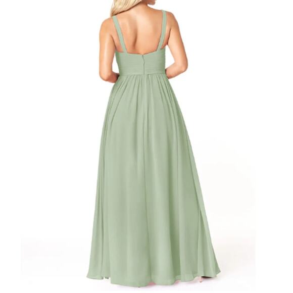 Azazie A-Line Pleated Chiffon Floor-Length Chanel Dress Dusty Sage A0 - Picture 2 of 10